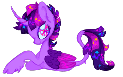 Size: 1500x942 | Tagged: safe, artist:webkinzworldz, imported from derpibooru, twilight sparkle, alicorn, classical unicorn, pony, unicorn, alternate design, cloven hooves, colored wings, curved horn, ethereal mane, female, fetlock tuft, horn, leonine tail, lying down, mare, short mane, simple background, solo, starry eyes, starry mane, transparent background, twilight sparkle (alicorn), two toned wings, unshorn fetlocks, wingding eyes, wings