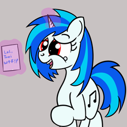 Size: 1200x1200 | Tagged: safe, artist:dafiltafish, imported from derpibooru, dj pon-3, vinyl scratch, pony, unicorn, backwards cutie mark, crying, female, gray background, implied octavia, laughing, mare, mute vinyl, red eyes, simple background, solo, tears of laughter, text, trolling, vulgar, wrong eye color