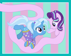 Size: 9381x7418 | Tagged: safe, artist:thatusualguy06, imported from derpibooru, starlight glimmer, trixie, pony, unicorn, abstract background, absurd resolution, alternate hairstyle, babysitter trixie, clothes, crossing the memes, duo, elastic, female, hoodie, long glimmer, long pony, looking at each other, mare, meme, show accurate, stretchy, vector