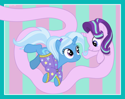 Size: 9381x7418 | Tagged: safe, alternate version, artist:thatusualguy06, imported from derpibooru, starlight glimmer, trixie, pony, unicorn, abstract background, absurd resolution, alternate hairstyle, babysitter trixie, clothes, crossing the memes, duo, elastic, female, heart eyes, hoodie, long glimmer, long pony, looking at each other, mare, meme, show accurate, starry eyes, stretchy, vector, wingding eyes