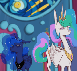 Size: 1340x1242 | Tagged: safe, artist:4rkrot, artist:fake_anna, artist:fakeanna, imported from derpibooru, princess celestia, princess luna, alicorn, pony, sparkle's seven, annoyed, aside glance, canterlot castle, canterlot throne room, celestia is not amused, crown, duo, ethereal mane, faic, female, floppy ears, frown, grumpy, jewelry, looking at each other, luna is not amused, mare, multicolored mane, narrowed eyes, regalia, royal sisters, scene interpretation, siblings, sideways glance, sisters, stained glass, starry mane, throne, unamused