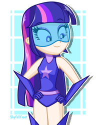 Size: 1448x1888 | Tagged: safe, artist:skyfallfrost, imported from derpibooru, twilight sparkle, equestria girls, boots, clothes, gloves, human coloration, legs together, leotard, magic gaia, motorcross, shoes, solo, super suit, superhero, thigh boots, visor