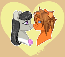 Size: 800x700 | Tagged: safe, artist:lavvythejackalope, imported from derpibooru, octavia melody, oc, earth pony, pony, unicorn, broken horn, bust, canon x oc, commission, eyelashes, female, heart, horn, looking at each other, male, mare, signature, smiling, stallion, unicorn oc, ych result