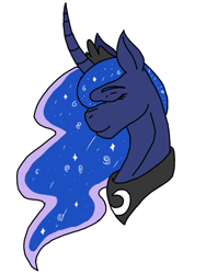 Size: 768x1024 | Tagged: safe, alternate version, artist:agdapl, imported from derpibooru, princess luna, alicorn, pony, bust, colored, curved horn, ethereal mane, eyes closed, female, horn, jewelry, mare, peytral, simple background, solo, starry mane, tiara, white background