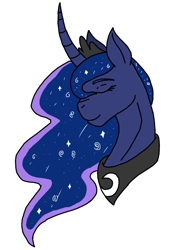 Size: 768x1024 | Tagged: safe, alternate version, artist:agdapl, imported from derpibooru, princess luna, alicorn, pony, bust, colored, curved horn, ethereal mane, eyes closed, female, horn, jewelry, mare, peytral, simple background, solo, starry mane, tiara, white background