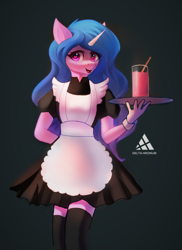 Size: 590x812 | Tagged: safe, artist:delta hronum, imported from derpibooru, izzy moonbow, anthro, pony, unicorn, alternate hairstyle, clothes, cup, cute, drink, eyelashes, female, g5, glass, hand behind back, heart eyes, izzybetes, looking at you, maid, mare, open mouth, skirt, socks, solo, straw, thigh highs, tray, wingding eyes, wrist cuffs