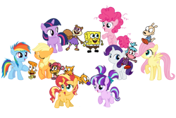 Size: 1280x854 | Tagged: safe, artist:media1997, imported from derpibooru, applejack, fluttershy, pinkie pie, rainbow dash, rarity, spike, starlight glimmer, sunset shimmer, twilight sparkle, cat, dog, earth pony, human, pegasus, pony, squirrel, unicorn, alternate mane seven, camp lazlo, catdog, crossover, female, filly, filly applejack, filly fluttershy, filly pinkie pie, filly rainbow dash, filly rarity, filly sunset shimmer, filly twilight sparkle, mane eight, mane seven, mane six, rocko's modern life, sandy cheeks, simple background, sponge, spongebob squarepants, transparent background, unicorn twilight, vector, younger