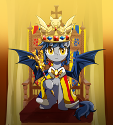 Size: 2000x2200 | Tagged: safe, artist:ce2438, imported from derpibooru, oc, oc only, oc:moorish delight, bat pony, pony, aragon, blue mane, crown, female, golden, golden bat, golden eyes, gray coat, high res, jewelry, mare, queen, regalia, royalty, solo, spain, throne