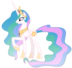 Size: 5000x4750 | Tagged: safe, artist:misterlolrus, imported from derpibooru, princess celestia, alicorn, pony, crown, female, hoof shoes, jewelry, mare, profile, raised hoof, regalia, simple background, smiling, solo, transparent background, vector