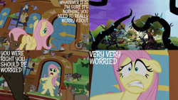 Size: 1280x720 | Tagged: safe, edit, edited screencap, editor:quoterific, imported from derpibooru, screencap, fluttershy, bear, bird, chicken, duck, owl, pegasus, pony, rabbit, raccoon, princess twilight sparkle (episode), season 4, animal, butt, female, floppy ears, fluttershy's cottage, mare, plot, scared