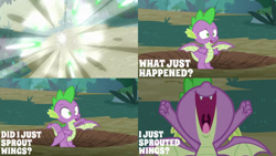 Size: 1280x720 | Tagged: safe, edit, edited screencap, editor:quoterific, imported from derpibooru, screencap, spike, dragon, molt down, season 8, spoiler:s08, forest, male, nose in the air, open mouth, solo, spread wings, stallion, transformation, volumetric mouth, wide eyes, winged spike, wings