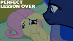 Size: 1280x720 | Tagged: safe, edit, edited screencap, editor:quoterific, imported from derpibooru, screencap, fluttershy, princess luna, alicorn, pegasus, pony, luna eclipsed, season 2, duo, duo female, female, floppy ears, luna is not amused, lying down, mare, on side, side, smiling, unamused