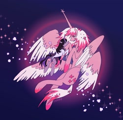 Size: 2048x2000 | Tagged: safe, artist:_rainaru, artist:rainaru, imported from derpibooru, alicorn, pony, unicorn, anime, crossover, female, four wings, goddess, high res, homura akemi, lesbian, madoka kaname, magical girl, multiple wings, ponified, puella magi madoka magica, shipping, traditional art, wings