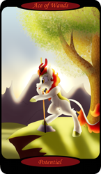 Size: 1500x2591 | Tagged: safe, artist:sixes&sevens, imported from derpibooru, part of a set, autumn blaze, kirin, ace of wands, bipedal, bipedal leaning, cliff, dawn, female, leaning, minor arcana, mountain, mountain range, outdoors, pointing, solo, tarot card, tree, walking stick