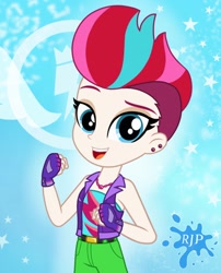 Size: 850x1050 | Tagged: safe, artist:rjp.rammy, imported from derpibooru, zipp storm, equestria girls, alternate hairstyle, belt, clothes, ear piercing, earring, equestria girls-ified, female, fingerless gloves, g5, g5 to equestria girls, gloves, hilarious in hindsight, jacket, jeans, jewelry, leather jacket, necklace, open mouth, pants, piercing, sleeveless, solo, tomboy