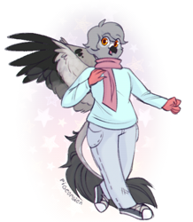 Size: 443x507 | Tagged: safe, artist:pigeorgien, imported from derpibooru, oc, oc only, oc:geraldine(pigeorgien), anthro, griffon, plantigrade anthro, beak, clothes, female, griffon oc, jeans, looking at you, open beak, open mouth, pants, scarf, shoes, smiling, smiling at you, sneakers, solo, spread wings, sweater, wings