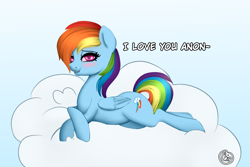 Size: 2000x1333 | Tagged: safe, artist:plaguemare, imported from derpibooru, rainbow dash, pegasus, pony, backwards cutie mark, blushing, bronybait, cloud, crossed legs, dialogue, drawthread, female, i love you, implied anon, looking at you, lying down, mare, offscreen character, request, smiling, smiling at you, solo, text, wings