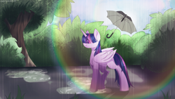 Size: 5760x3240 | Tagged: safe, artist:chickenbrony, artist:cottonaime, imported from derpibooru, twilight sparkle, alicorn, pony, horn, puddle, rain, rainbow, smiling, solo, tree, twilight sparkle (alicorn), umbrella, wings