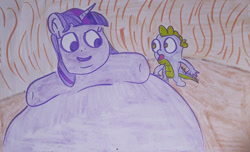 Size: 1280x779 | Tagged: safe, artist:dex stewart, imported from derpibooru, spike, twilight sparkle, dragon, pony, unicorn, belly, big belly, chubby cheeks, double chin, fat, huge belly, impossibly large belly, morbidly obese, obese, open mouth, twilard sparkle, wat, wtf