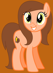 Size: 920x1274 | Tagged: safe, artist:princessdaisyofficialchannel, imported from derpibooru, oc, oc:chocolate bloom, earth pony, pony, earth pony oc, female, g4, grin, looking at you, mare, orange background, pony oc, simple background, smiling, smiling at you