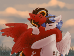 Size: 1998x1492 | Tagged: safe, artist:redslipp, imported from derpibooru, oc, oc only, oc:kezzie, oc:margon, pegasus, pony, hug