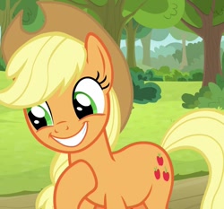 Size: 1097x1021 | Tagged: safe, imported from derpibooru, screencap, applejack, earth pony, pony, going to seed, season 9, spoiler:s09, cropped, cute, daaaaaaaaaaaw, female, hoof on chest, jackabetes, mare, smiling, solo, weapons-grade cute