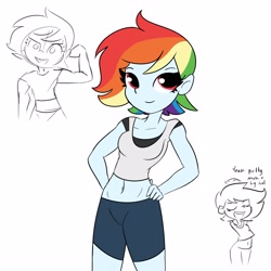 Size: 3000x3000 | Tagged: safe, artist:tjpones, imported from derpibooru, rainbow dash, equestria girls, alternate hairstyle, belly button, breasts, clothes, compression shorts, cute, dashabetes, female, flexing, hand on hip, high res, looking at you, midriff, short hair, short hair rainbow dash, simple background, solo, stretching, tomboy, toned, toned female, white background