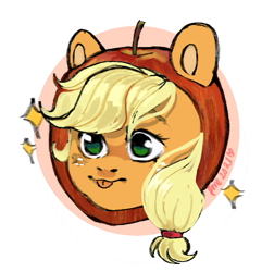 Size: 537x558 | Tagged: safe, artist:ametffe, artist:amethesaladhair, imported from derpibooru, applejack, earth pony, pony, apple, applejack becoming an apple, commission, commissioner:raritybro, cute, food, food tf, food transformation, jackabetes, simple background, solo, that pony sure does love apples, tongue out, transformation, ych result