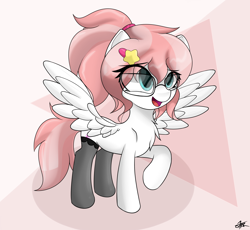 Size: 3800x3500 | Tagged: safe, artist:starmaster, imported from derpibooru, oc, oc only, oc:sugar feather, pegasus, pony, abstract background, clothes, eye clipping through hair, female, glasses, high res, open mouth, raised hoof, smiling, socks, solo, spread wings, wings