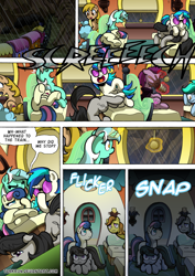 Size: 2408x3400 | Tagged: safe, artist:tarkron, imported from derpibooru, bon bon, dj pon-3, lyra heartstrings, octavia melody, sweetie drops, vinyl scratch, oc, earth pony, pegasus, pony, unicorn, comic:fusing the fusions, comic:time of the fusions, background pony, clothes, comic, commissioner:bigonionbean, dialogue, female, filly, foal, friendship express, high res, horn, lights out, magic, male, mare, military, mountain, negotiating, officer, power outage, rain, random pony, saddle bag, shocked, shocked expression, slam, spilled drink, stallion, storm, sudden realization, train, window, wings, writer:bigonionbean