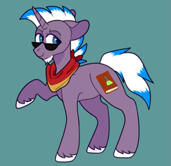 Size: 693x672 | Tagged: safe, artist:ashtrol, imported from derpibooru, oc, oc only, oc:secret mentore, pony, unicorn, neckerchief, raised hoof, simple background, sunglasses, unshorn fetlocks