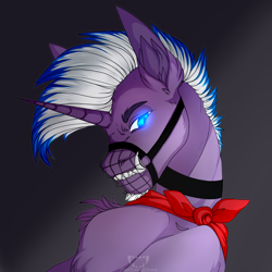 Size: 2000x2000 | Tagged: artist needed, safe, imported from derpibooru, oc, oc:secret mentore, unicorn, collar, fangs, high res, muzzle, neckerchief, simple background