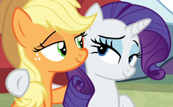 Size: 1400x866 | Tagged: safe, imported from derpibooru, screencap, applejack, rarity, earth pony, pony, unicorn, best gift ever, awww, best friends, cropped, cute, duo, eye contact, female, hnnng, lidded eyes, looking at each other, mare, shipping fuel, side hug, smiling