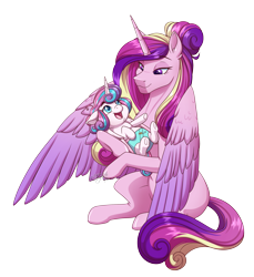 Size: 3089x3378 | Tagged: safe, artist:jack-pie, imported from derpibooru, princess cadance, princess flurry heart, alicorn, pony, baby, baby pony, cloth diaper, colored wings, cute, cutedance, diaper, female, filly, flurrybetes, foal, hair bun, happy, high res, mare, mother and child, mother and daughter, multicolored wings, open mouth, safety pin, simple background, smiling, transparent background, weapons-grade cute, wings