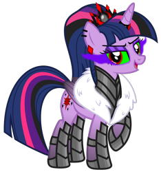 Size: 4684x4995 | Tagged: safe, alternate version, artist:severity-gray, imported from derpibooru, twilight sparkle, alicorn, pony, altered cutie mark, alternate hairstyle, alternate timeline, alternate universe, armor, corrupted, corrupted twilight sparkle, crown, dark magic, ear piercing, evil grin, evil twilight, eyeshadow, fur, grin, horn, horn ring, jewelry, magic, makeup, piercing, raised hoof, regalia, ring, simple background, smiling, solo, sombra eyes, transparent background, twilight sparkle (alicorn)