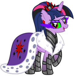 Size: 4933x5000 | Tagged: safe, alternate version, artist:severity-gray, imported from derpibooru, twilight sparkle, alicorn, pony, altered cutie mark, alternate hairstyle, alternate timeline, alternate universe, cape, clothes, corrupted, corrupted twilight sparkle, crown, cutie mark, cutie mark on clothes, dark magic, ear piercing, eyeshadow, horn, horn ring, jewelry, magic, makeup, piercing, raised hoof, regalia, ring, robe, simple background, solo, sombra eyes, transparent background, twilight sparkle (alicorn)