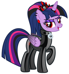 Size: 4684x4995 | Tagged: safe, alternate version, artist:severity-gray, imported from derpibooru, twilight sparkle, alicorn, pony, altered cutie mark, alternate hairstyle, alternate timeline, alternate universe, bodysuit, clothes, collar, collar ring, corrupted, corrupted twilight sparkle, crown, cutie mark, cutie mark on clothes, dark magic, ear piercing, eyeshadow, horn, horn ring, jewelry, latex, latex suit, looking at you, magic, makeup, piercing, raised hoof, red eyes, regalia, ring, shiny, simple background, solo, tight clothing, transparent background, twilight sparkle (alicorn)