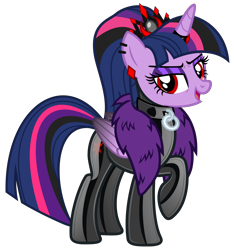 Size: 4684x4995 | Tagged: safe, alternate version, artist:severity-gray, imported from derpibooru, twilight sparkle, alicorn, pony, altered cutie mark, alternate hairstyle, alternate timeline, alternate universe, bodysuit, clothes, collar, collar ring, corrupted, corrupted twilight sparkle, crown, cutie mark, cutie mark on clothes, dark magic, ear piercing, eyeshadow, feather boa, horn, horn ring, jewelry, latex, latex suit, looking at you, magic, makeup, piercing, raised hoof, red eyes, regalia, ring, shiny, simple background, solo, tight clothing, transparent background, twilight sparkle (alicorn)
