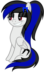 Size: 3588x5819 | Tagged: safe, artist:severity-gray, imported from derpibooru, oc, oc only, oc:labys, pegasus, pony, cutie mark, eyeshadow, female, grin, hairpin, looking sideways, makeup, mare, ponytail, simple background, sitting, smiling, smug, smug face, solo, transparent background, wings