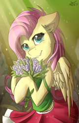 Size: 1108x1724 | Tagged: safe, artist:yuris, imported from derpibooru, fluttershy, pegasus, pony, abstract background, blushing, bouquet, clothes, crepuscular rays, cute, daaaaaaaaaaaw, female, floppy ears, flower, mare, shyabetes, skirt, smiling, solo