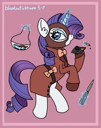 Size: 2536x3211 | Tagged: safe, artist:bloodysticktape, imported from derpibooru, rarity, pony, unicorn, balaclava, bow, butterfly knife, cigarette, clothes, crossover, glowing horn, high res, horn, levitation, magic, makeup kit, mask, rarispy, spy, team fortress 2, telekinesis, trenchcoat