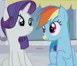Size: 1040x896 | Tagged: safe, imported from derpibooru, screencap, rainbow dash, rarity, pegasus, pony, unicorn, rarity investigates, season 5, cropped, cute, dashabetes, eye contact, female, looking at each other, mare, raribetes, shipping fuel, sitting, smiling, sunscreen