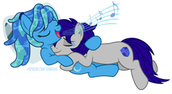 Size: 1200x658 | Tagged: safe, artist:jennieoo, imported from derpibooru, oc, oc:maverick, oc:ocean soul, earth pony, pegasus, pony, couple, crying, cuddling, duo, female, happy, hug, lovers, lying down, male, show accurate, simple background, singing, solo, soulverick, stallion, tears of joy, teary eyes, transparent background, vector, water mane