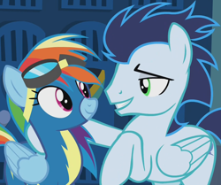 Size: 1292x1080 | Tagged: safe, imported from derpibooru, screencap, rainbow dash, soarin', pegasus, pony, grannies gone wild, bedroom eyes, clothes, cropped, eye contact, female, goggles, looking at each other, male, mare, raised hoof, shipping fuel, smiling, stallion, uniform, wonderbolts uniform