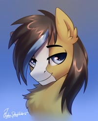 Size: 2000x2488 | Tagged: safe, artist:jedayskayvoker, artist:sfwjeday, imported from derpibooru, oc, oc only, oc:gear (gearslavehorse), pony, absurd resolution, blaze (coat marking), bust, chest fluff, coat markings, colored pupils, ear fluff, facial markings, gradient background, high res, lidded eyes, looking at you, male, portrait, signature, smiling, smiling at you, smirk, smug, solo, stallion