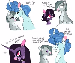 Size: 3287x2752 | Tagged: safe, artist:dodiejinx, imported from derpibooru, marble pie, party favor, oc, oc:amethyst glitterdream, earth pony, pony, unicorn, ..., choker, crack ship offspring, crack shipping, ear fluff, female, filly, goth, high res, it's not a phase, male, marblefavor, mare, mother and child, mother and daughter, no pupils, nuzzling, offspring, parent:marble pie, parent:party favor, shipping, short hair, simple background, spiked choker, stallion, straight, white background
