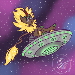 Size: 1000x1000 | Tagged: safe, artist:jbcblanks, imported from derpibooru, oc, oc only, kirin, blond, brown, commission, cute, gold, green, kirin oc, sitting, sketch, smiling, solo, space, spaceship, ufo, yellow