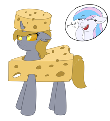 Size: 2139x2346 | Tagged: safe, artist:eyeburn, imported from derpibooru, oc, oc only, oc:changeling derpy, oc:starburn, changeling, pony, changeling oc, cheese, cheese hat, food, hat, high res, offscreen character, unamused