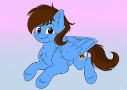 Size: 800x571 | Tagged: safe, artist:zobaloba, imported from derpibooru, oc, oc only, oc:pegasusgamer, pegasus, pony, chest fluff, ear fluff, fluffy, happy, hoof fluff, looking at you, simple background, wing fluff, wings