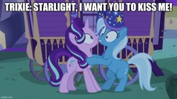 Size: 888x499 | Tagged: safe, artist:thegamerpainter, imported from ponybooru, screencap, starlight glimmer, trixie, to where and back again, bipedal, caption, duo, female, image macro, just kiss already, lesbian, looking at each other, meme, on hind legs, out out context, shipping, shrunken pupils, startrix, text, trixie's wagon